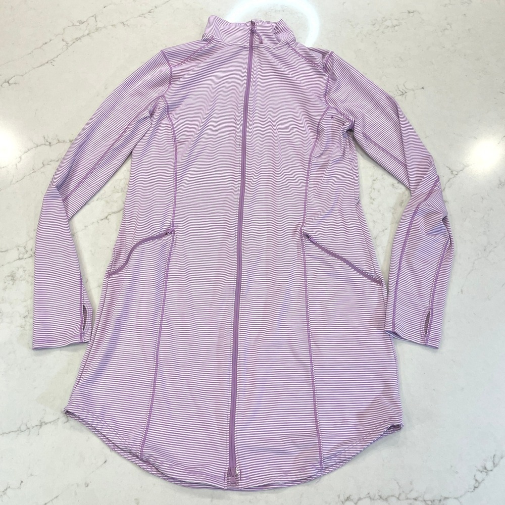 Duluth Trading Pier Genius Full Zip Tunic Womens Small Purple White Stripe UPF50